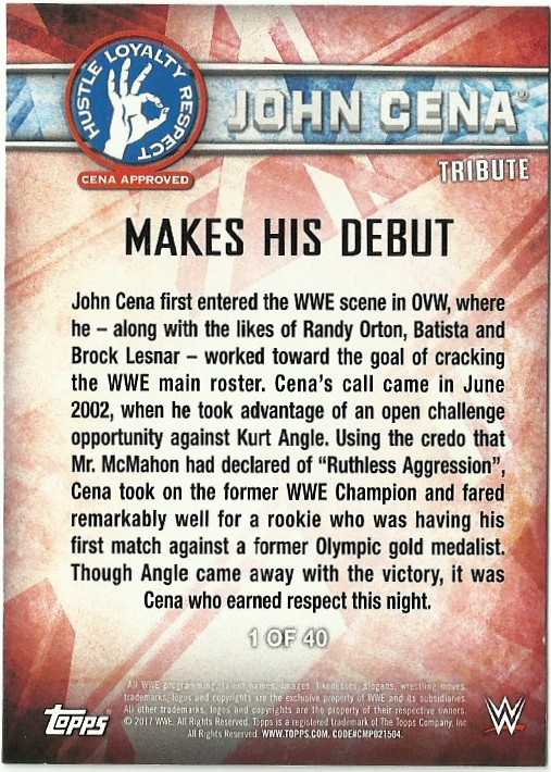 2017 Topps WWE John Cena Tribute #1 Makes his Debut back image