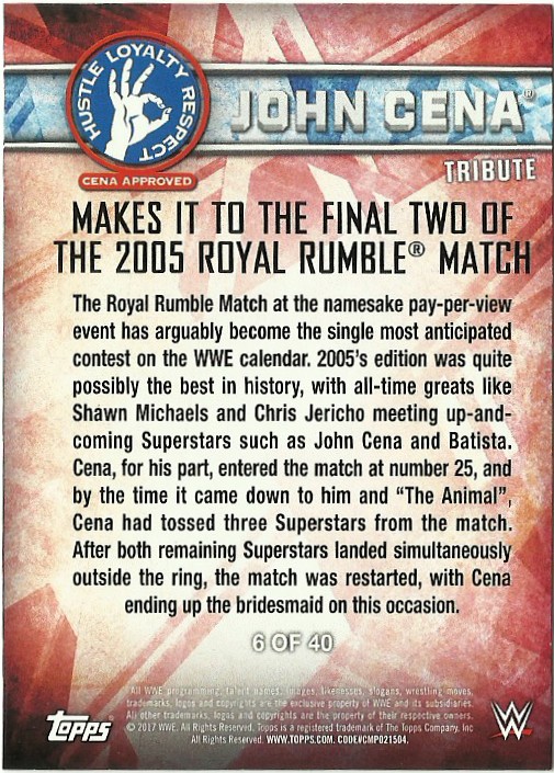 2017 Topps WWE John Cena Tribute #6 Makes it to the Final Two of the 2005 Royal Rumble Match back image