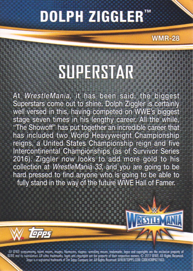 2017 Topps WWE Road to WrestleMania WrestleMania 33 Roster #WMR28 Dolph Ziggler back image
