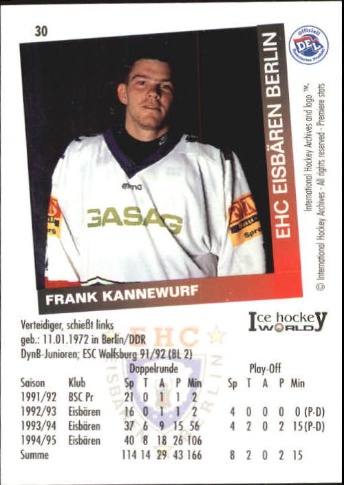 1995-96 German DEL #30 F. Kannewurf back image