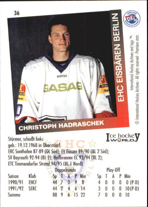 1995-96 German DEL #36 Christoph Hadraschek back image