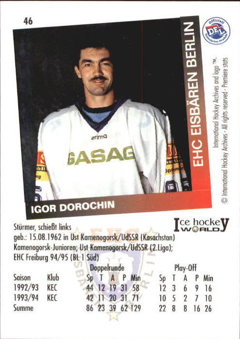 1995-96 German DEL #46 I. Dorochin back image
