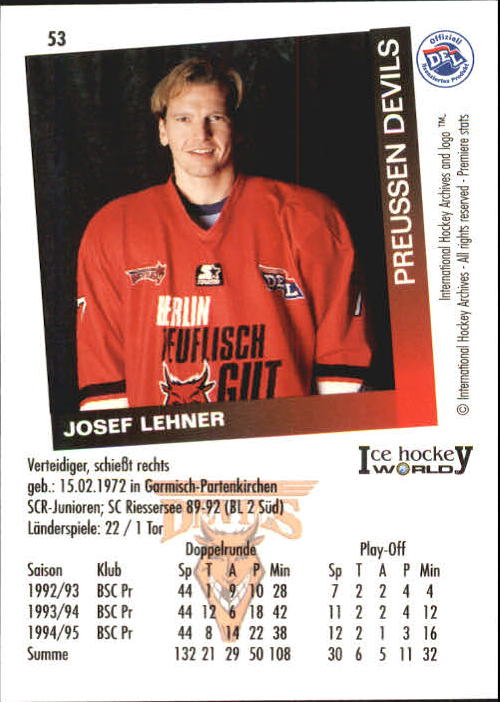 1995-96 German DEL #53 J. Lehner back image