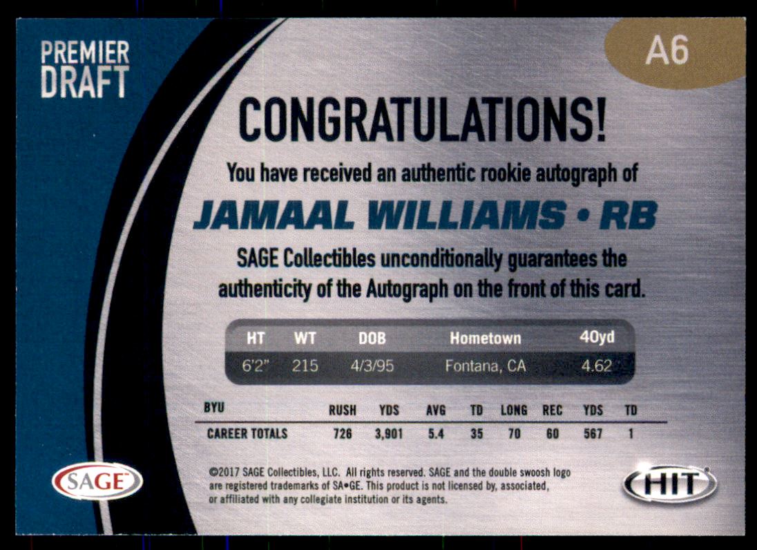 2017 SAGE HIT Premier Draft Autographs #A6 Jamaal Williams back image