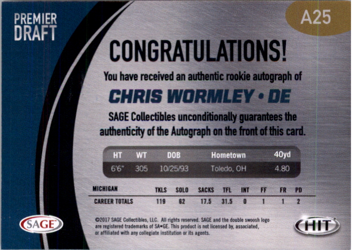 2017 SAGE HIT Premier Draft Autographs #A25 Chris Wormley back image