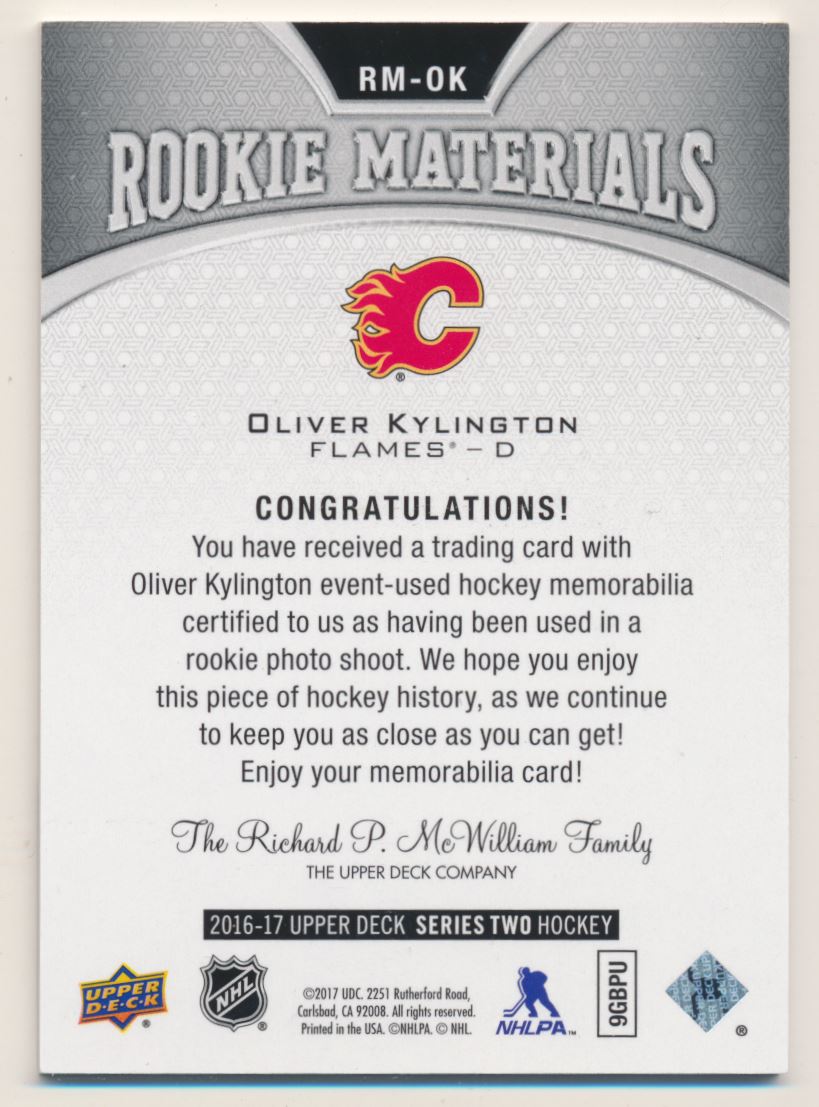 2016-17 Upper Deck Rookie Materials #RMOK Oliver Kylington E