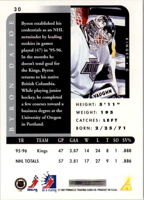 1996-97 Be A Player Autographs Silver #30 Byron Dafoe back image