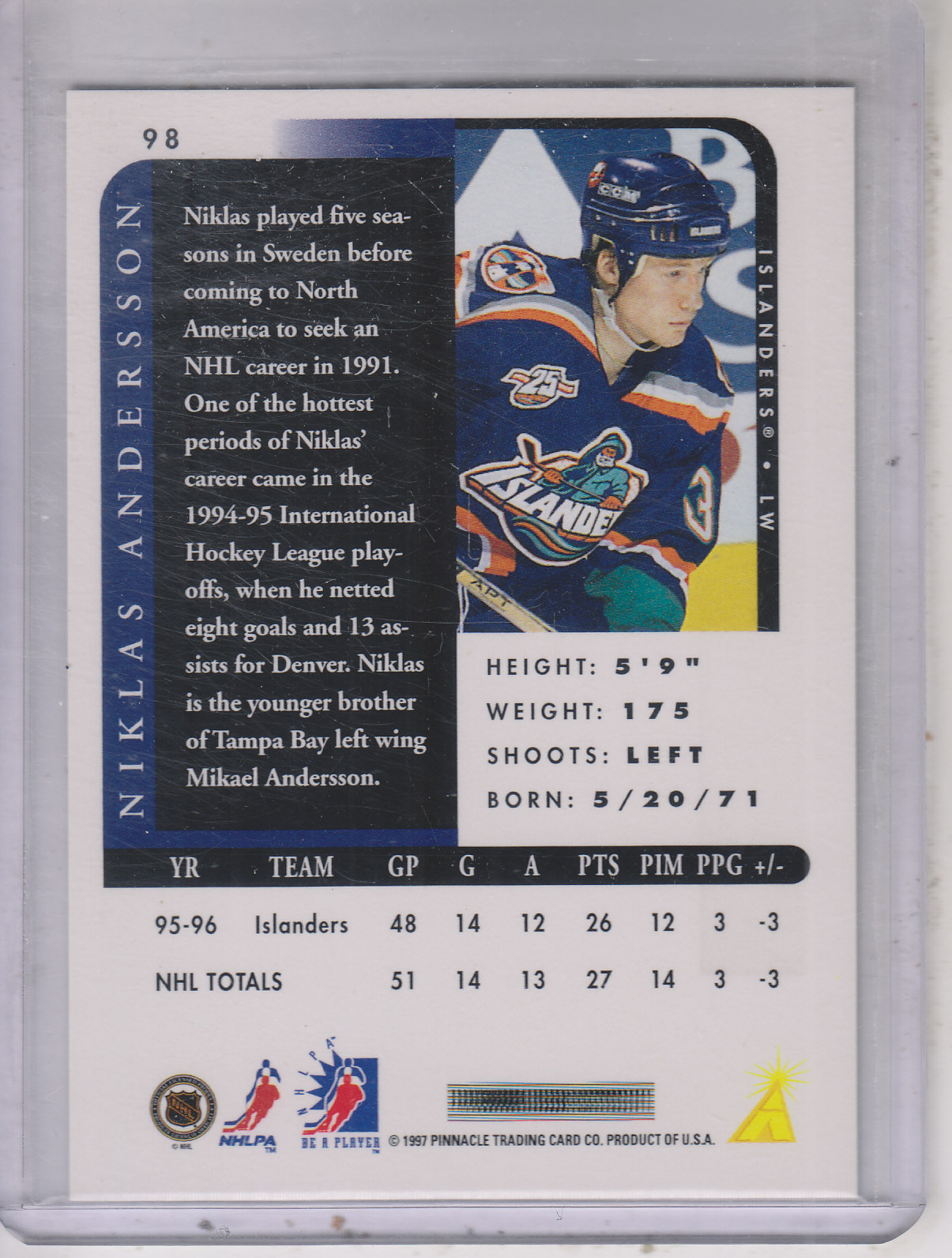 1996-97 Be A Player Autographs Silver #98 Niklas Andersson back image
