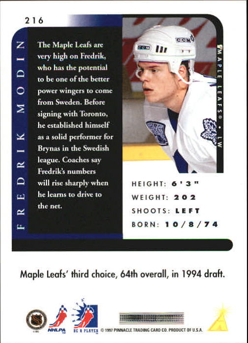 1996-97 Be A Player Autographs Silver #216 Fredrik Modin back image