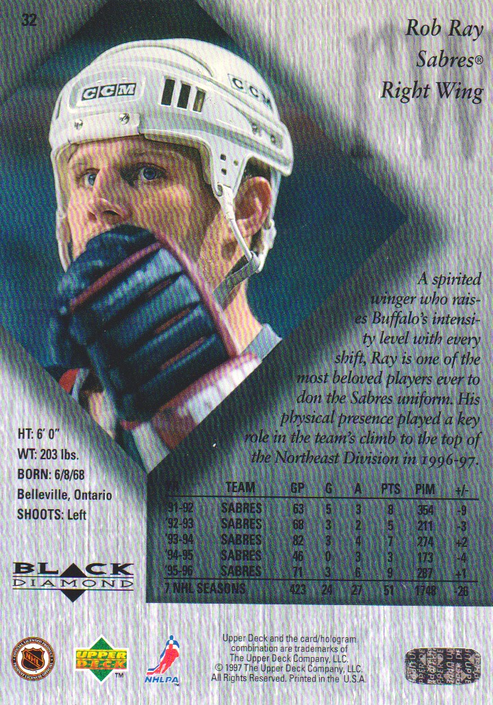 1996-97 Black Diamond #32 Rob Ray back image