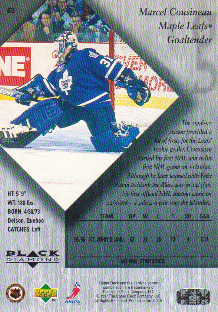 1996-97 Black Diamond #63 Marcel Cousineau RC back image