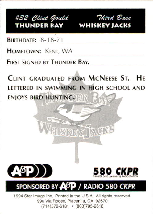 1994 Thunder Bay Whiskey Jacks Team Issue #8 Clint Gould