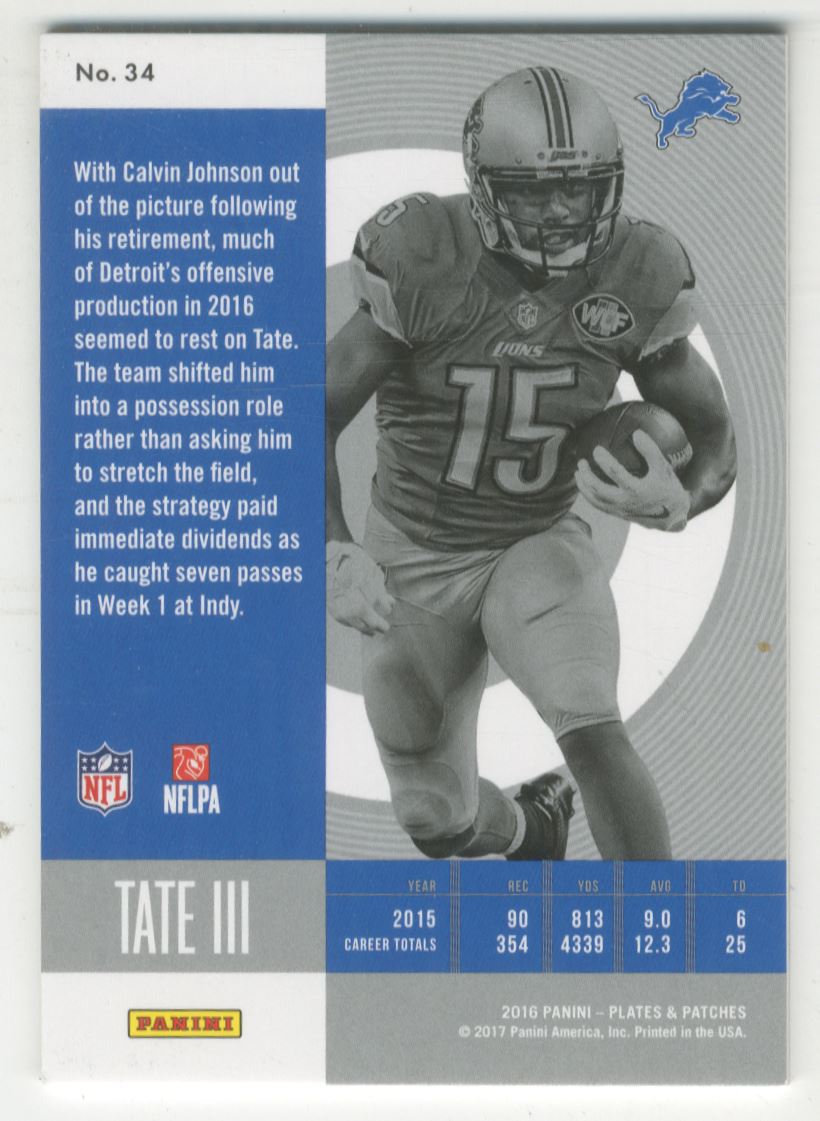2016 Panini Plates and Patches Blue #34 Golden Tate III back image