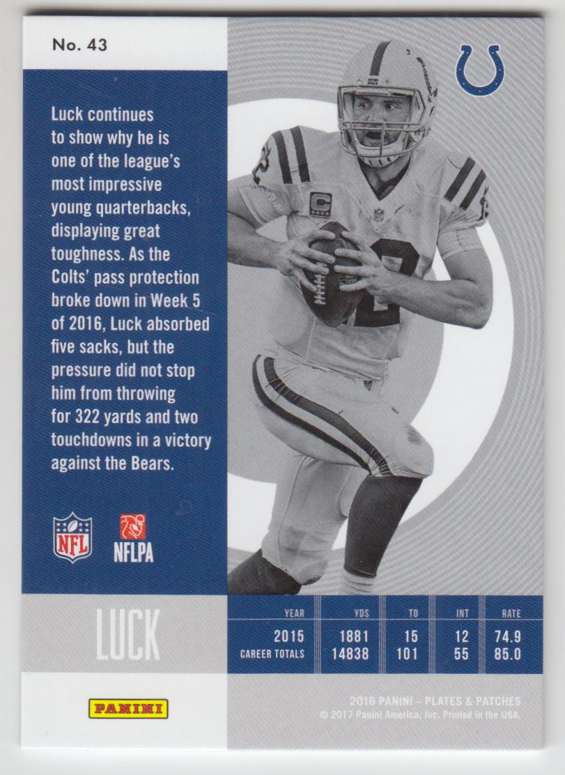 2016 Panini Plates and Patches Blue #43 Andrew Luck back image
