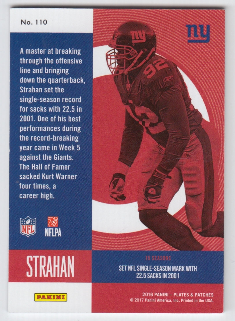 2016 Panini Plates and Patches Blue #110 Michael Strahan RET back image