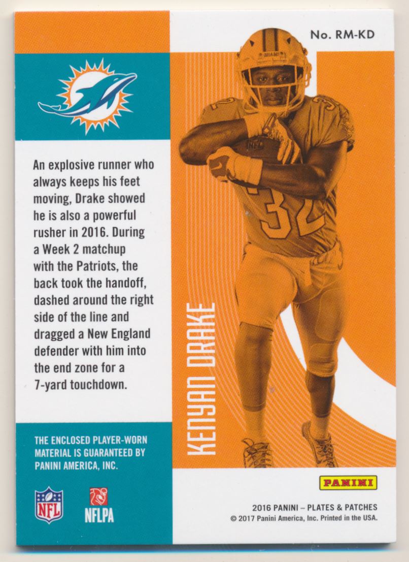 2016 Panini Plates and Patches Rookie Patches #25 Kenyan Drake back image