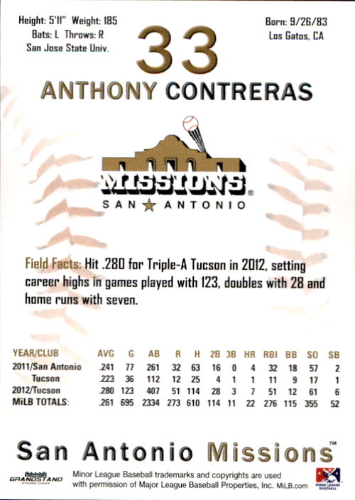 2013 San Antonio Missions Grandstand #5 Anthony Contreras back image