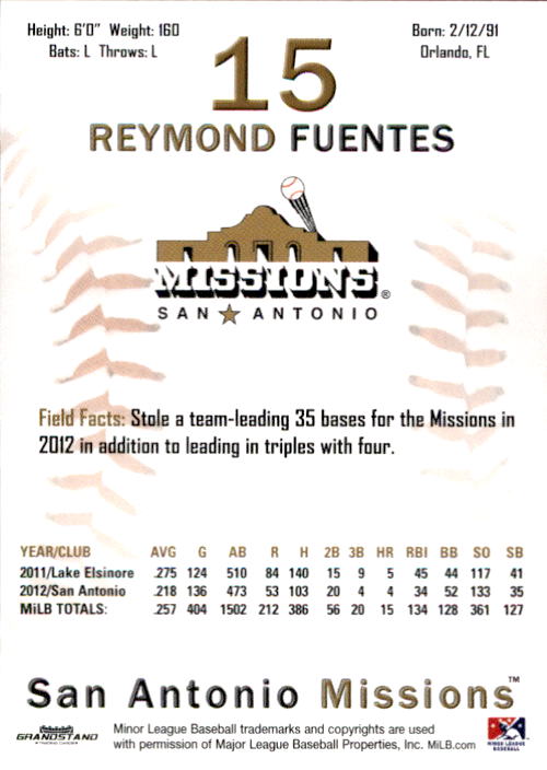 2013 San Antonio Missions Grandstand #8 Reymond Fuentes back image