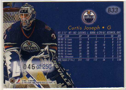 1996-97 Flair Blue Ice #B33 Curtis Joseph back image