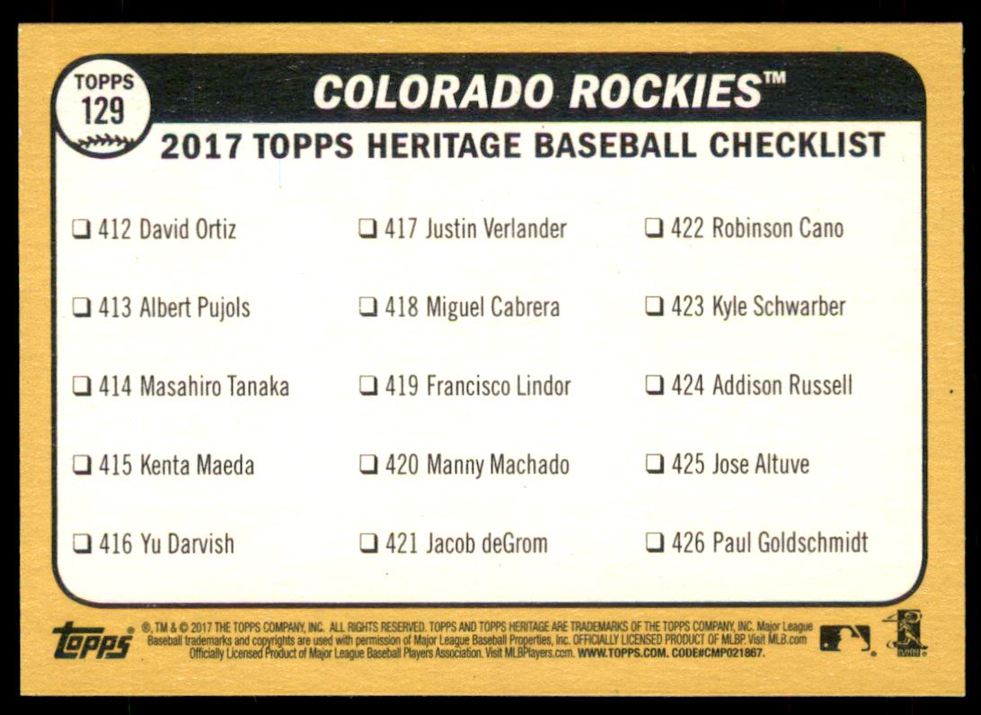 2017 Topps Heritage Blue #129 Colorado Rockies TC back image