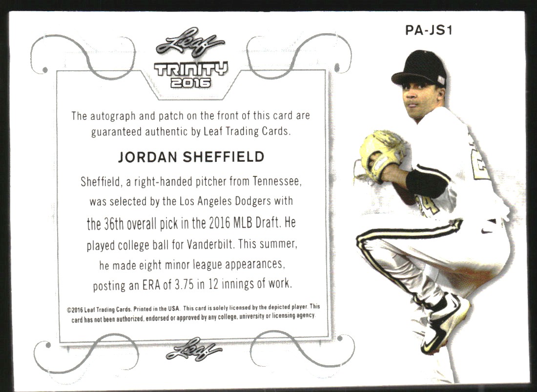 2016 Leaf Trinity Patch Autographs #PAJS1 Jordan Sheffield back image