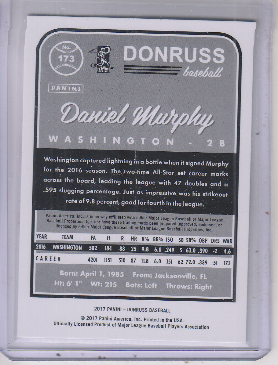 2017 Donruss #173B Daniel Murphy SP/Murphy/Black and White back image