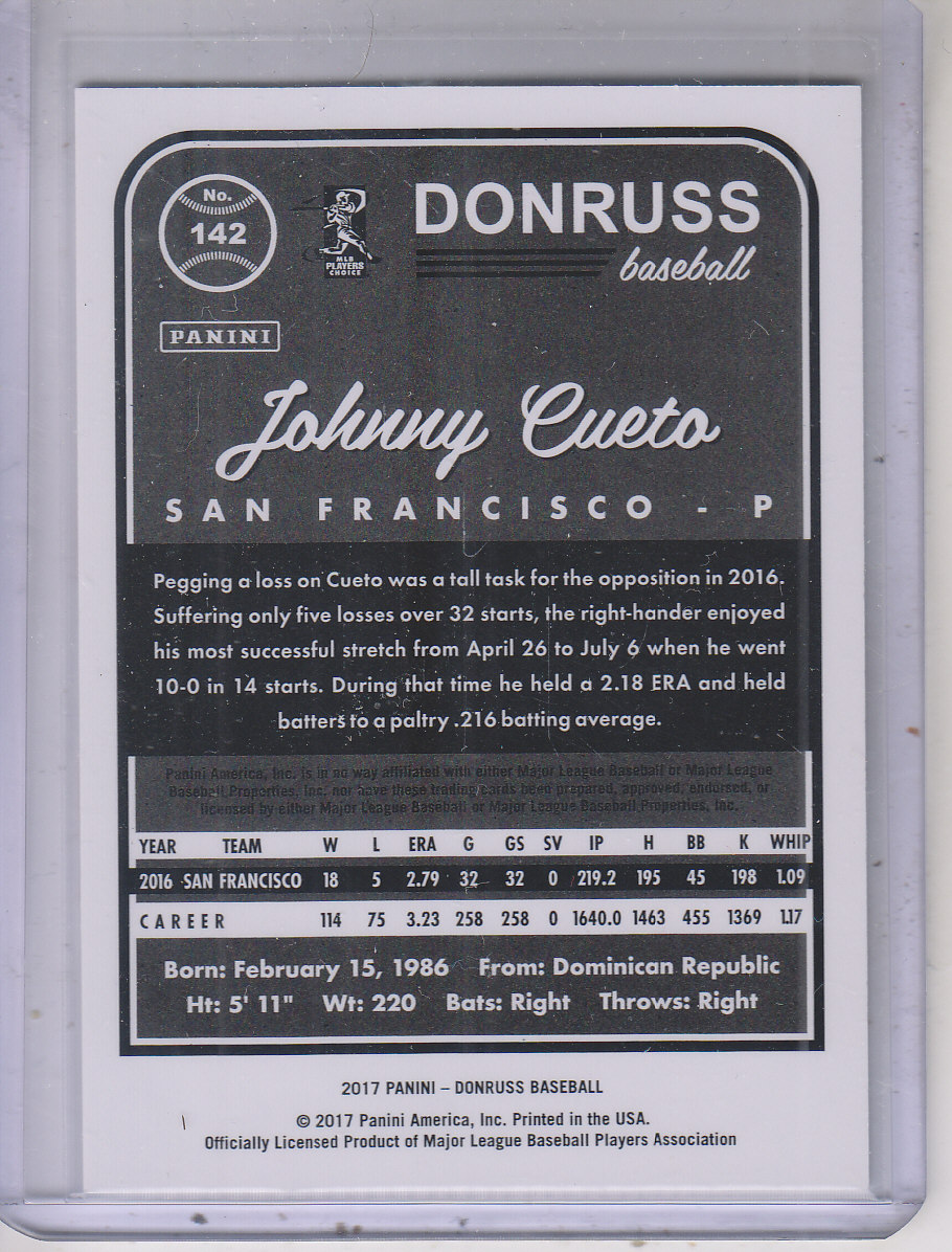 2017 Donruss Stat Line Career #142 Johnny Cueto/500 back image