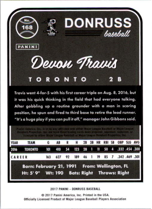 2017 Donruss Stat Line Career #168 Devon Travis/500 back image
