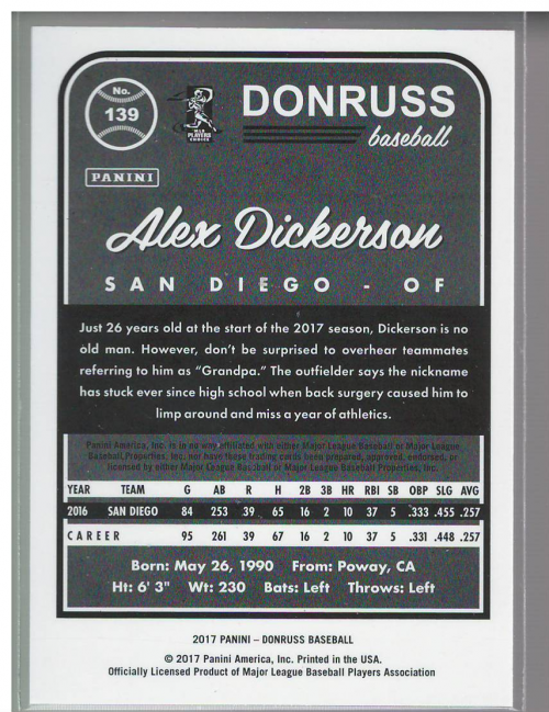 2017 Donruss Press Proof Gold #139 Alex Dickerson back image