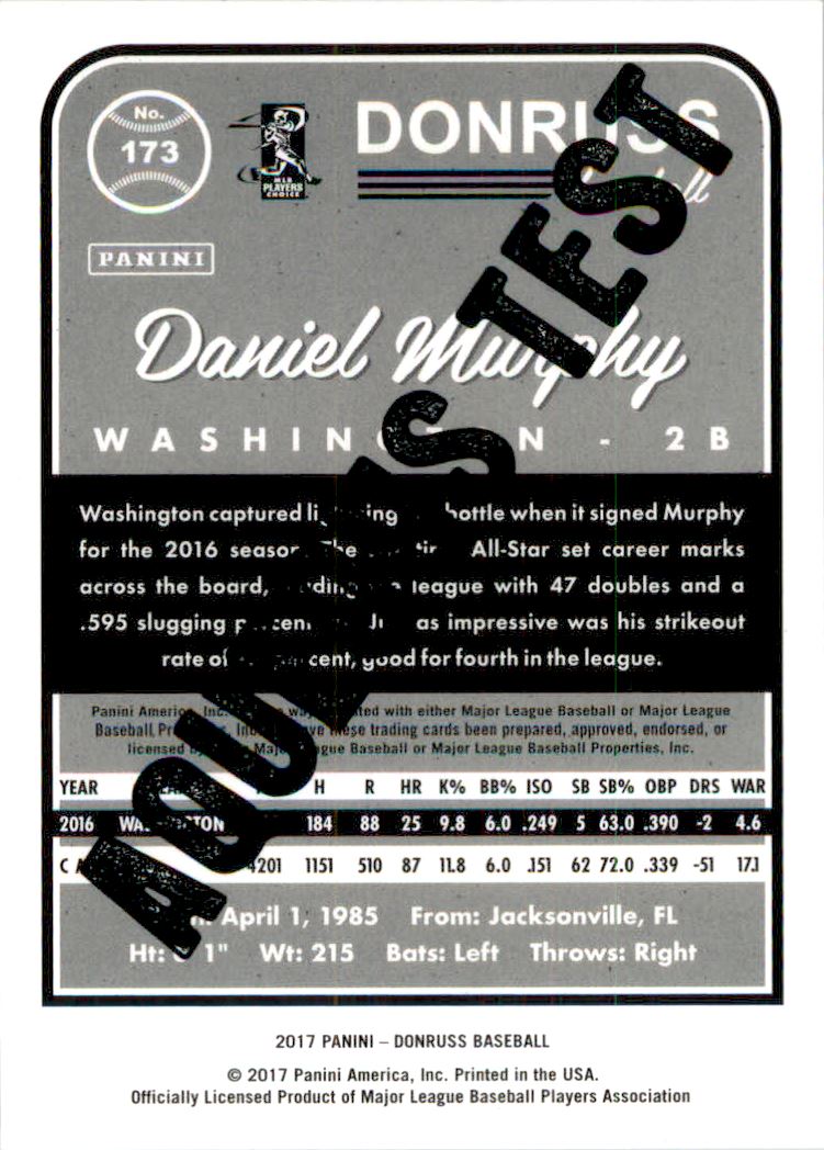 2017 Donruss Aqueous Test Proof #173B Daniel Murphy SP/Murphy/Black and White back image