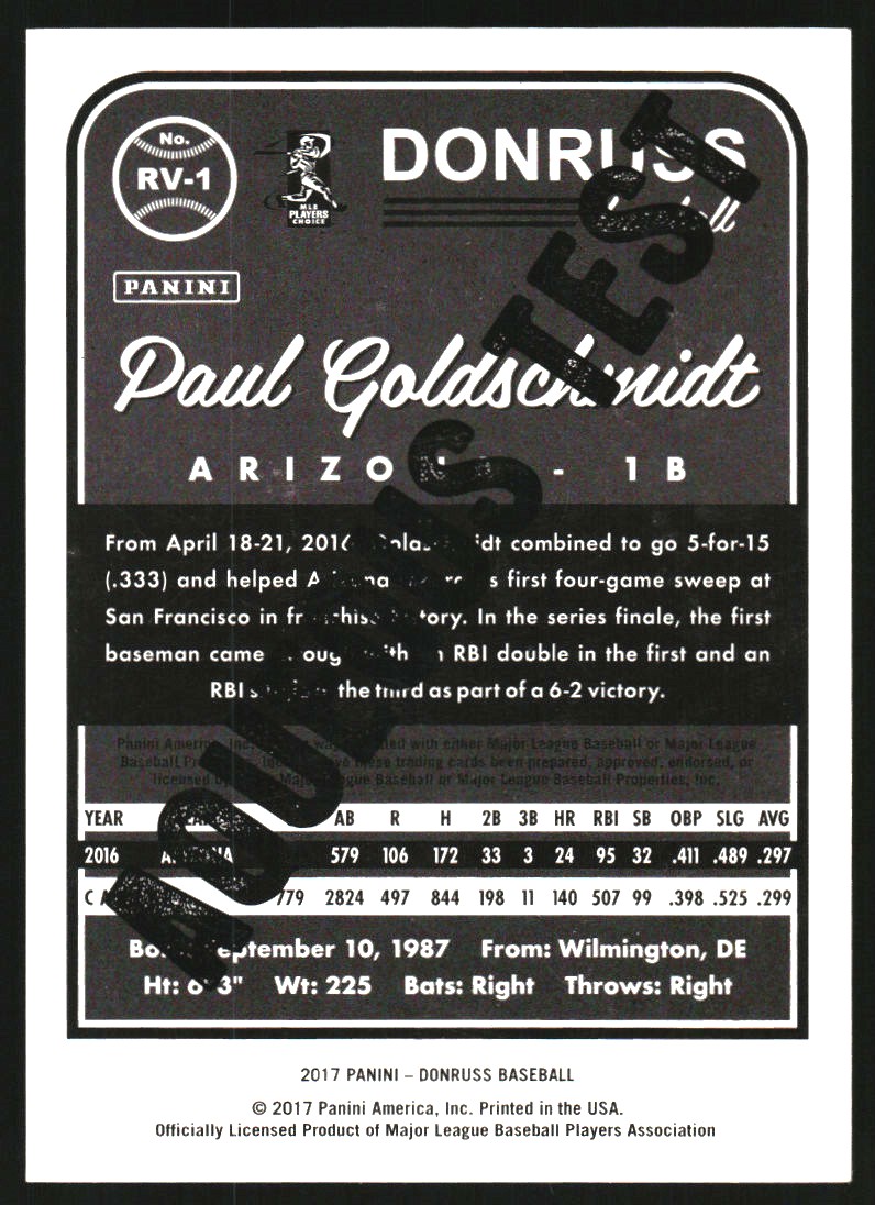 2017 Donruss '83 Retro Variations Aqueous Test Proof #RV1 Paul Goldschmidt back image