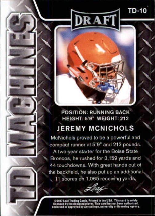 2017 Leaf Draft TD Machines Gold #TD10 Jeremy McNichols back image