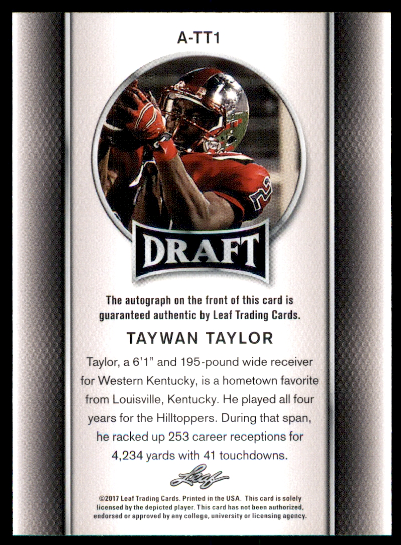 2017 Leaf Draft Autographs Gold #ATT1 Taywan Taylor back image
