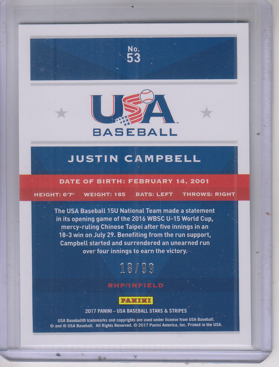 2017 USA Baseball Stars and Stripes Longevity Holofoil #53 Justin Campbell back image