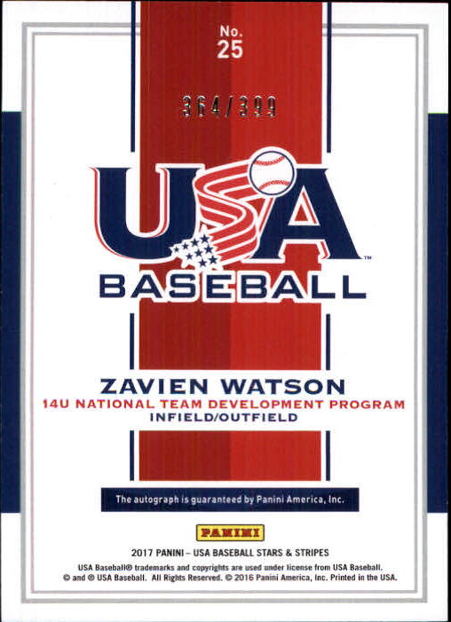 2017 USA Baseball Stars and Stripes 14U Signatures #25 Zavien Watson/399 back image