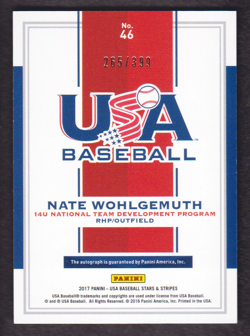 2017 USA Baseball Stars and Stripes 14U Signatures #46 Nate Wohlgemuth/399 back image