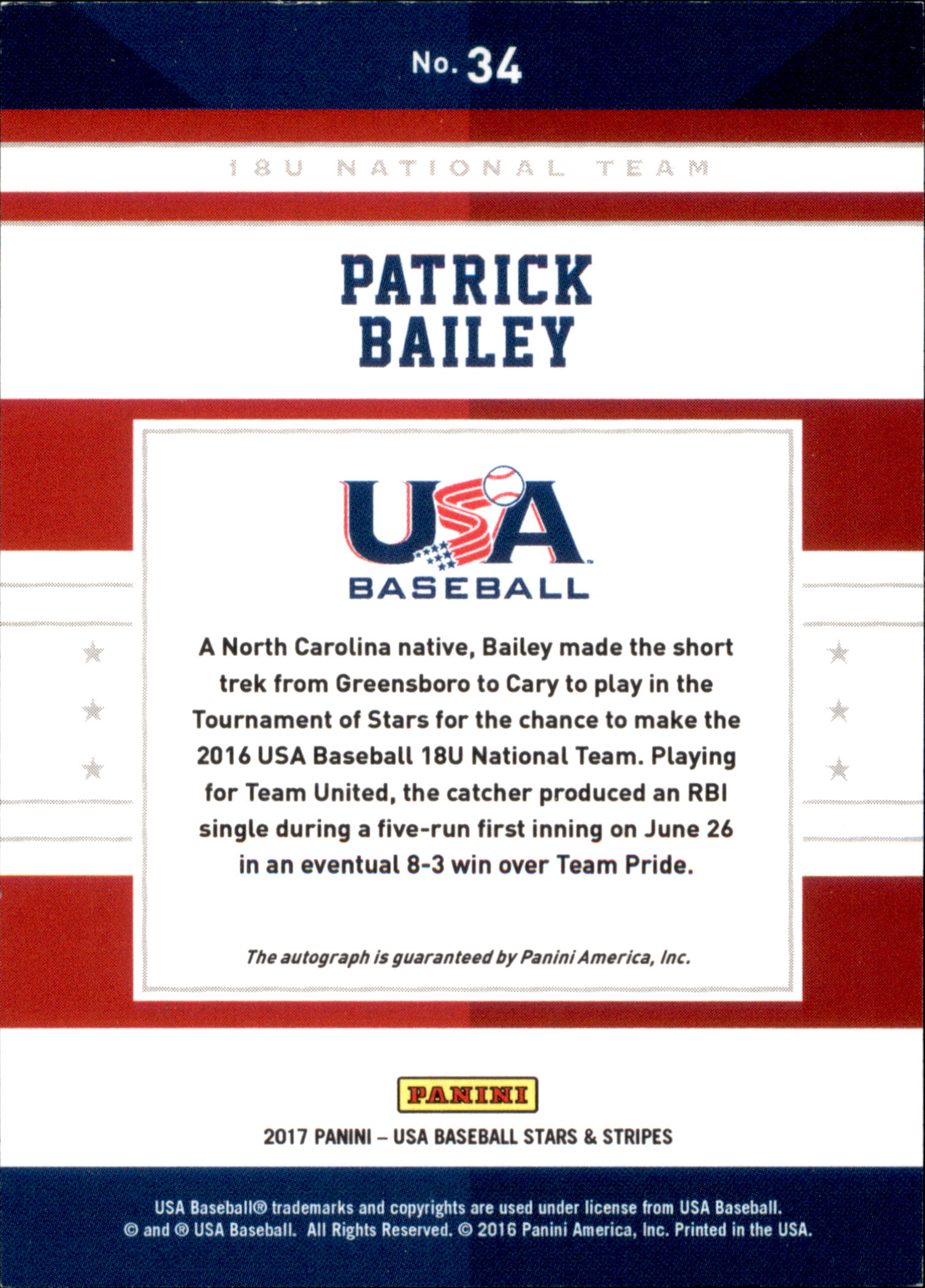 2017 USA Baseball Stars and Stripes 18U Signatures #34 Patrick Bailey back image