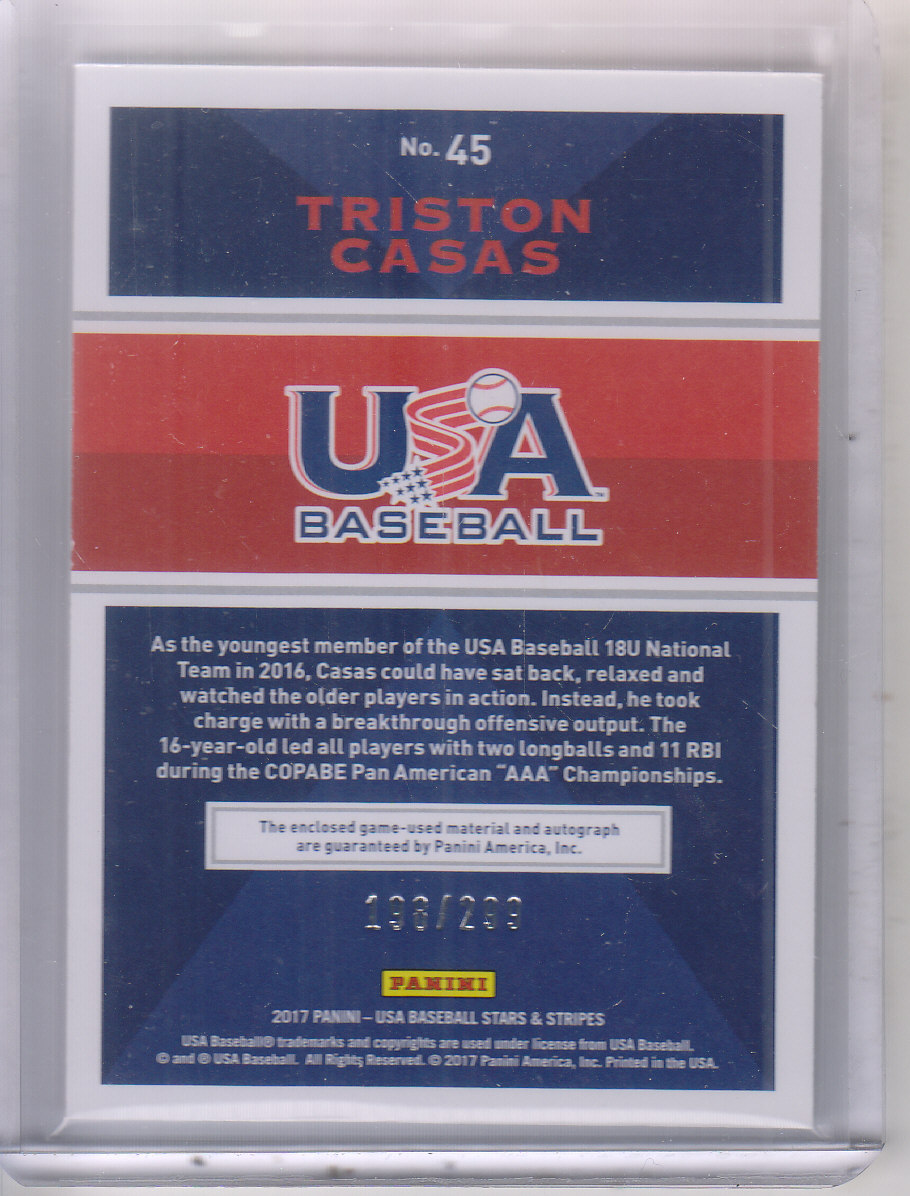 2017 USA Baseball Stars and Stripes Material Signatures #45 Triston Casas/299 back image