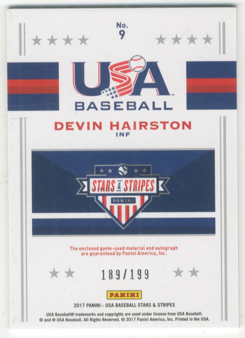 2017 USA Baseball Stars and Stripes Jumbo Swatch Silhouette Jersey Signatures #9 Devin Hairston/199 back image