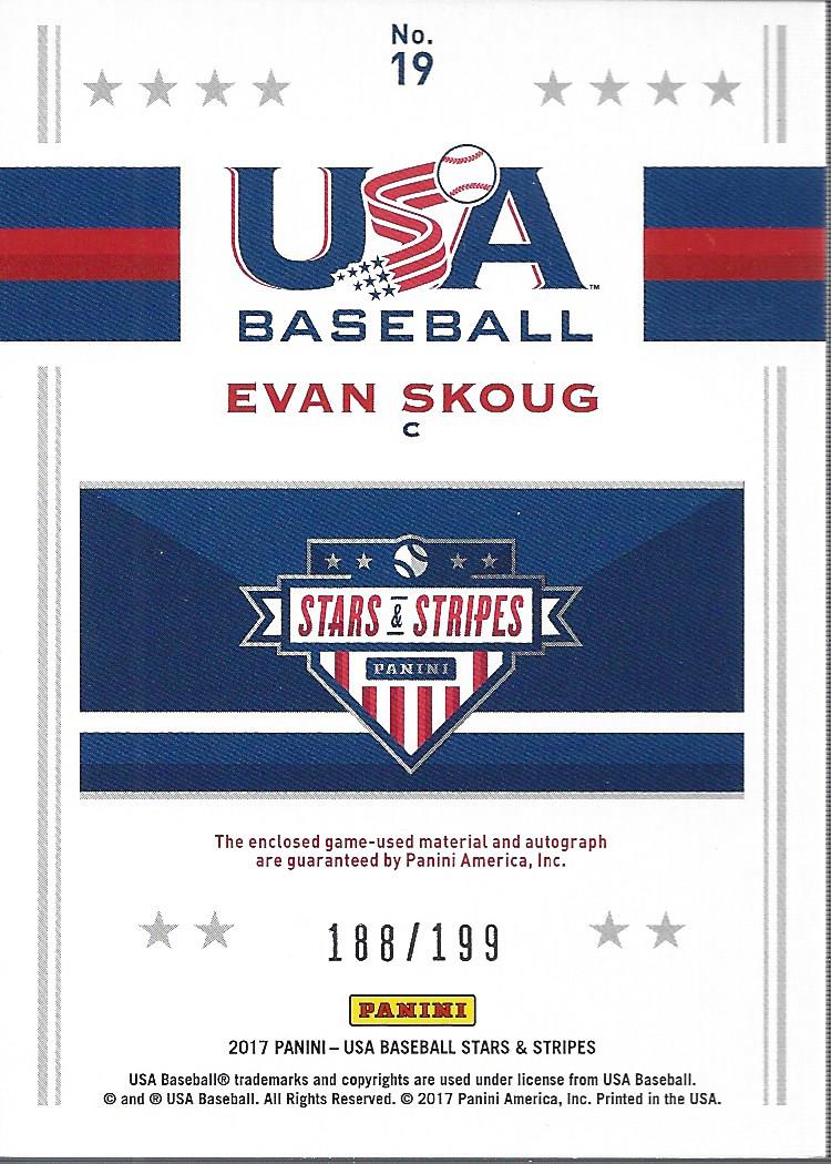 2017 USA Baseball Stars and Stripes Jumbo Swatch Silhouette Jersey Signatures #19 Evan Skoug/199 back image