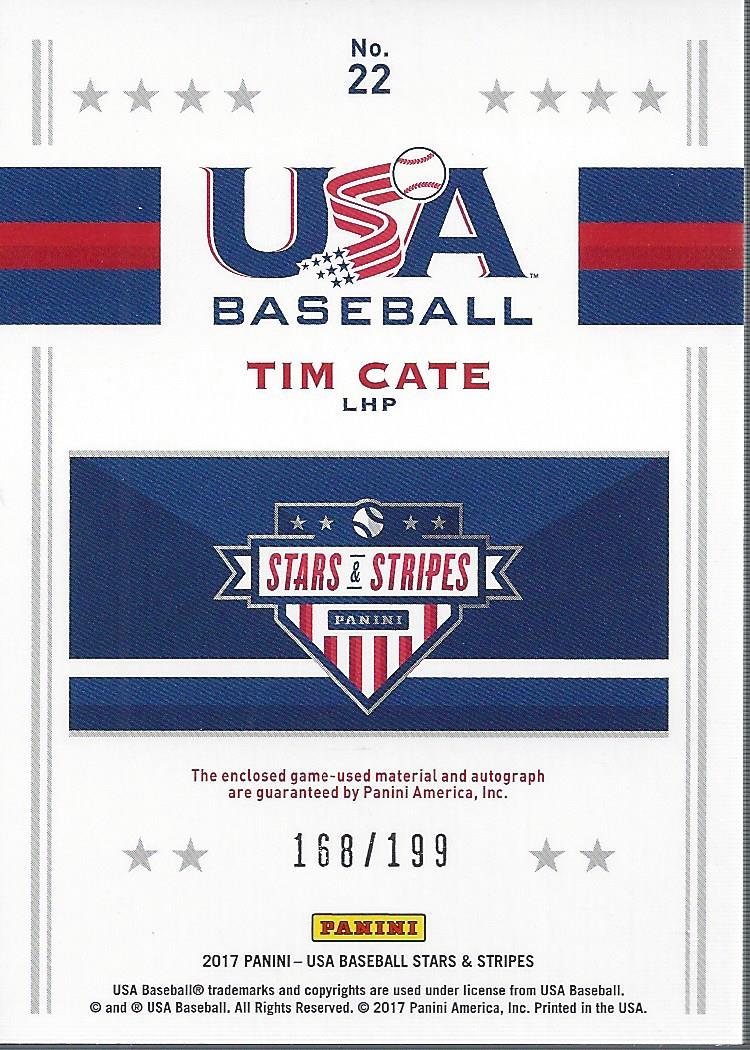 2017 USA Baseball Stars and Stripes Jumbo Swatch Silhouette Jersey Signatures #22 Tim Cate/199 back image