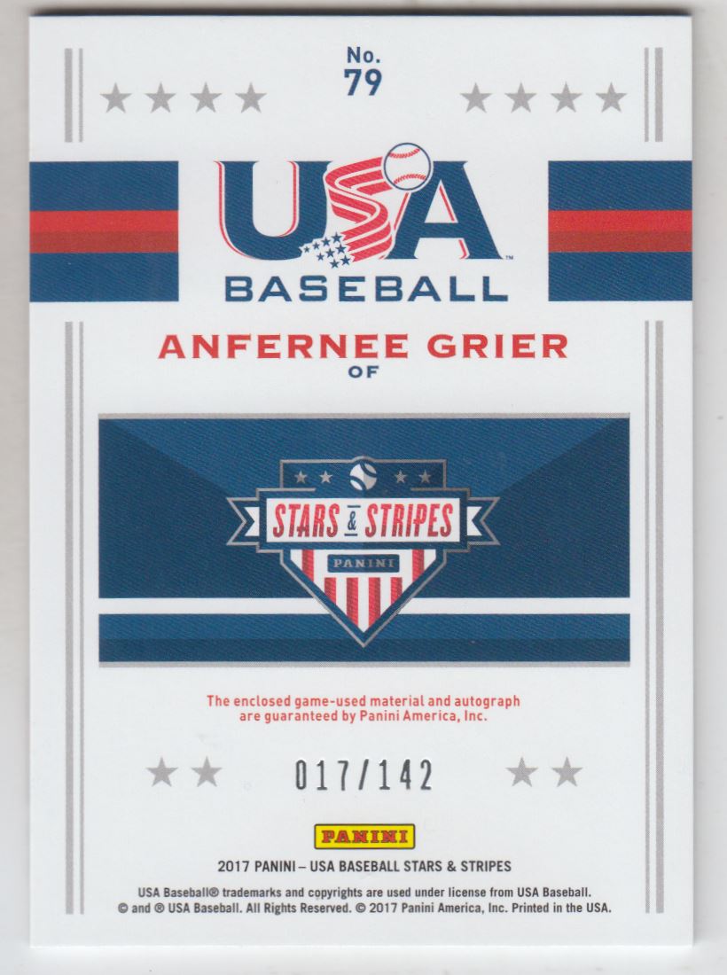 2017 USA Baseball Stars and Stripes Jumbo Swatch Silhouette Jersey Signatures #79 Anfernee Grier/142 back image