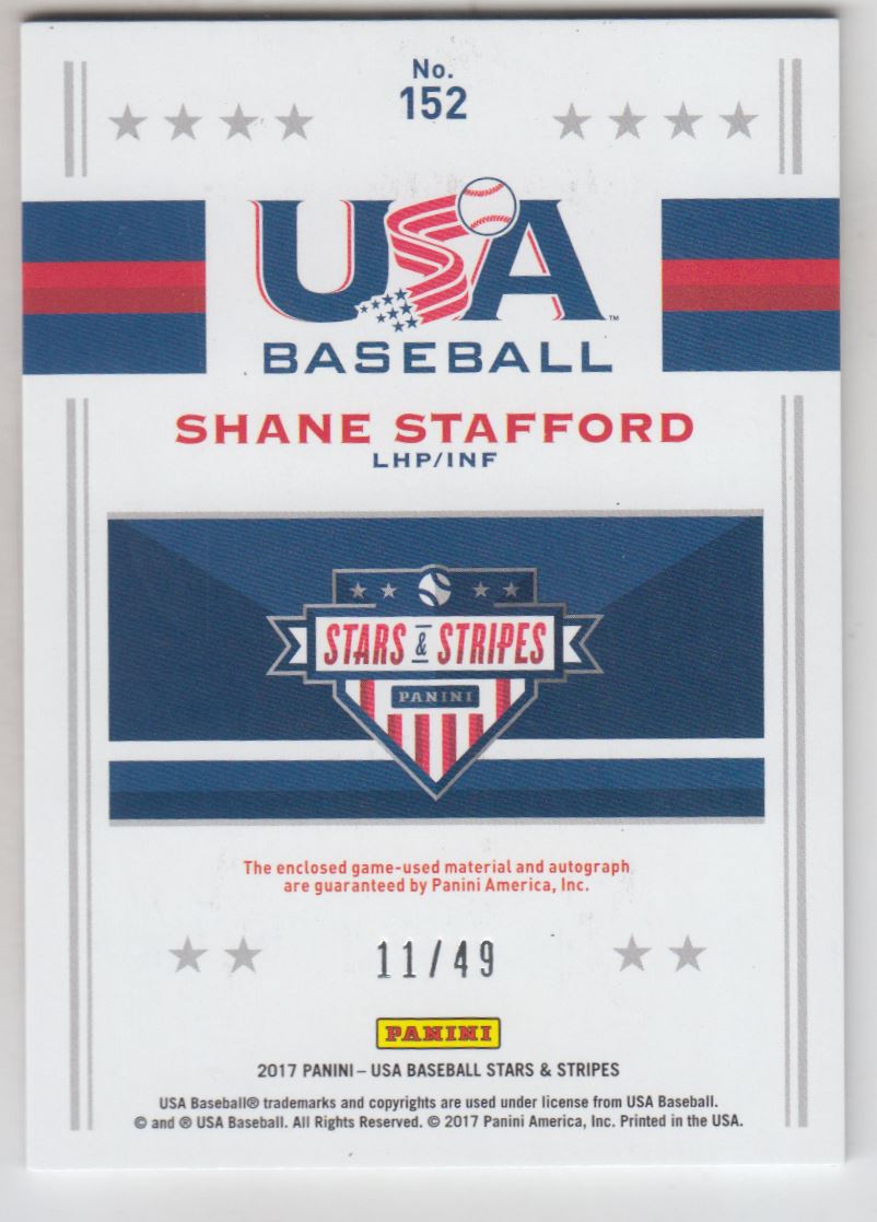 2017 USA Baseball Stars and Stripes Jumbo Swatch Silhouette Jersey Signatures #152 Shane Stafford/49 back image