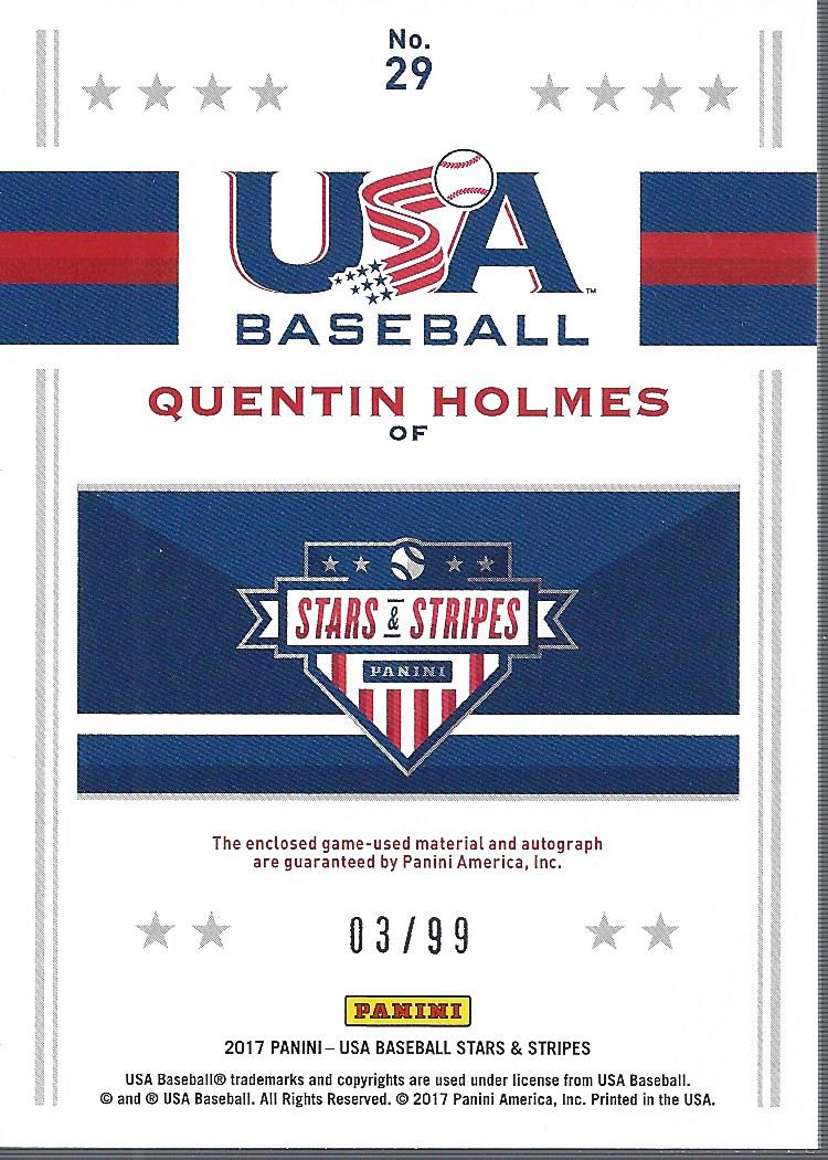 2017 USA Baseball Stars and Stripes Jumbo Swatch Silhouette Bat Signatures #29 Quentin Holmes/99 back image