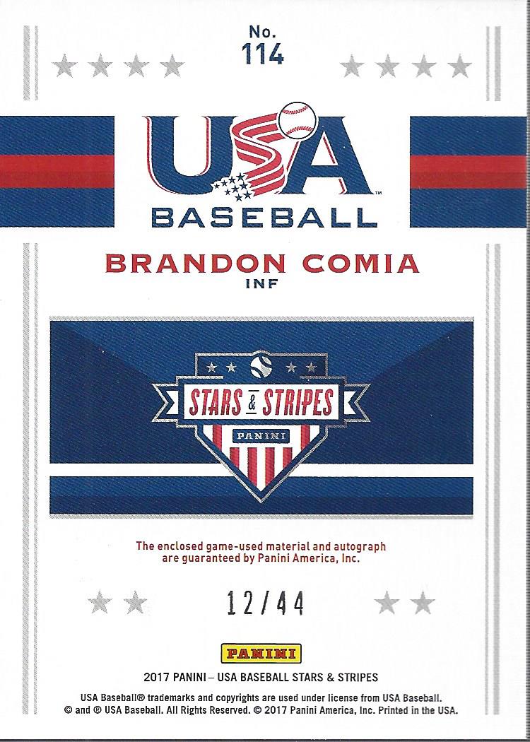 2017 USA Baseball Stars and Stripes Jumbo Swatch Black Gold Silhouette Jersey Signatures #114 Brandon Comia/44 back image