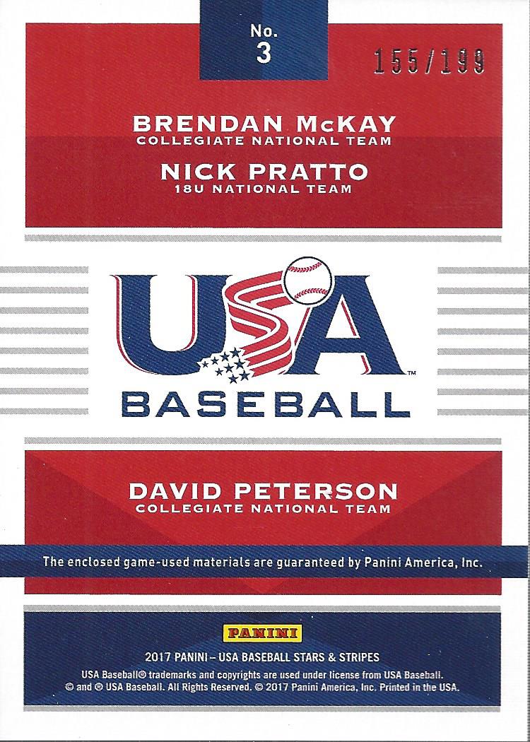 2017 USA Baseball Stars and Stripes Trios Materials #3 Brendan McKay/David Peterson/Nick Pratto back image