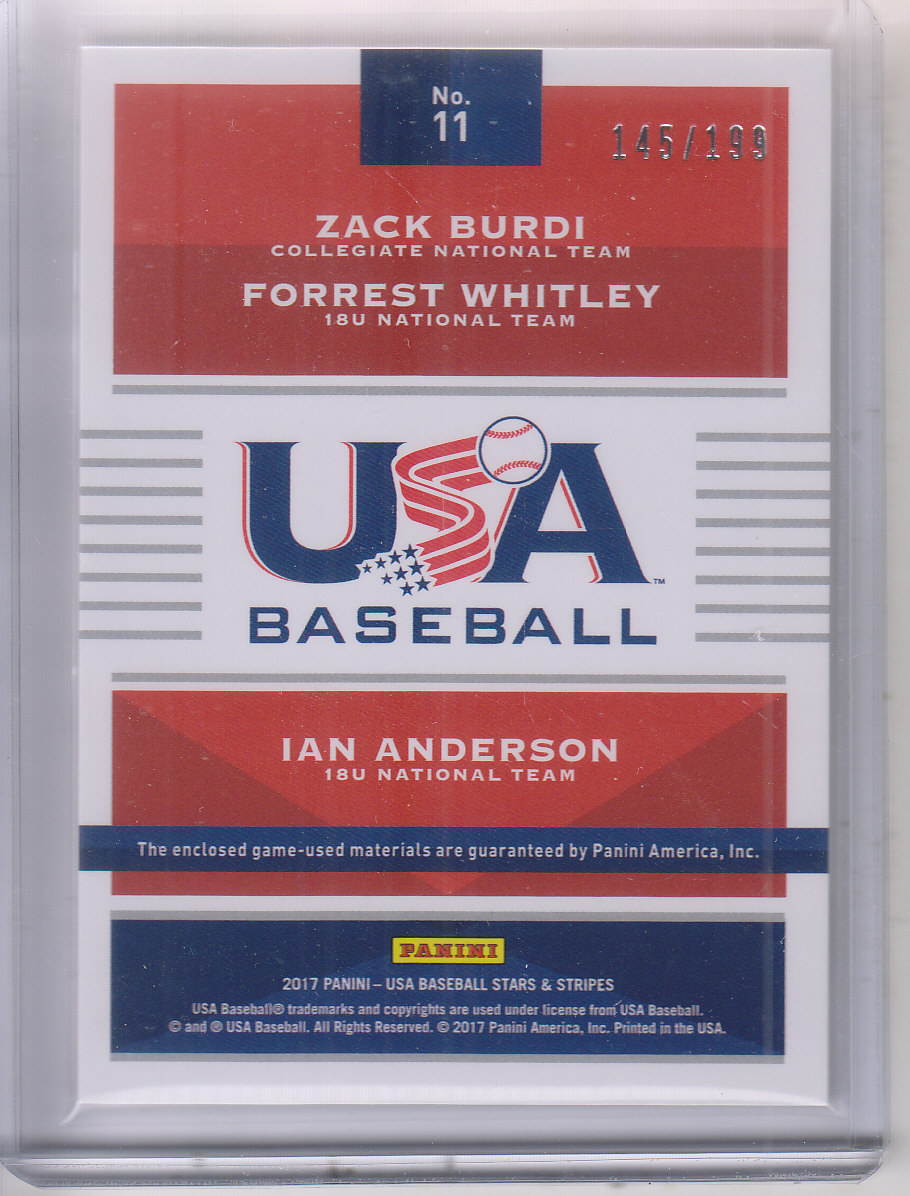 2017 USA Baseball Stars and Stripes Trios Materials #11 Forrest Whitley/Ian Anderson/Zack Burdi back image