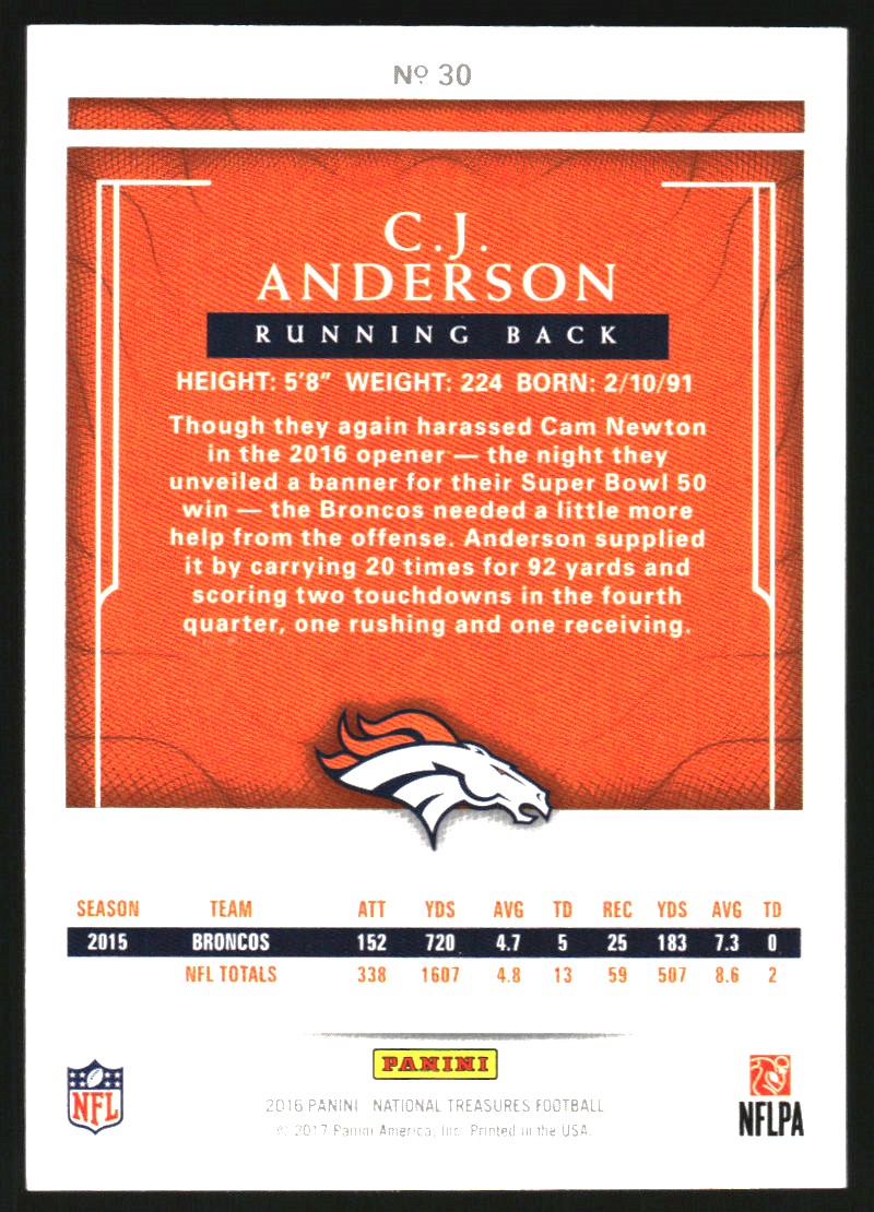 2016 Panini National Treasures Gold #30 C.J. Anderson