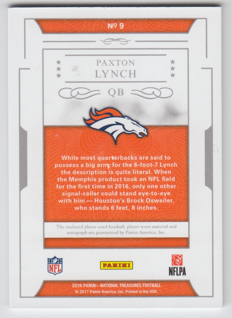 2016 Panini National Treasures Rookie NFL Gear Dual Material Signatures Prime #9 Paxton Lynch/25 back image