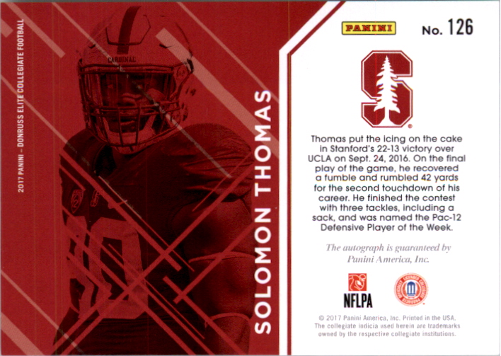 2017 Elite Draft Picks Draft Picks Autographs #126 Solomon Thomas back image